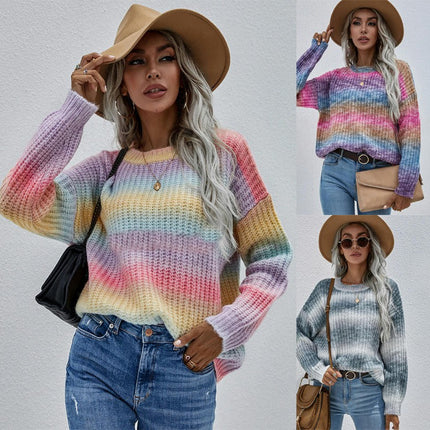 Women's Drop Shoulder Long Sleeve Crew Neck Rainbow Sweater Pullover Top