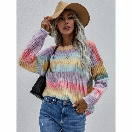 Women's Drop Shoulder Long Sleeve Crew Neck Rainbow Sweater Pullover Top