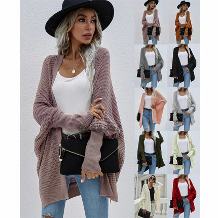 Women's Solid Color Batwing Twisted Knit Loose Oversized Silhouette Wrap Cardigan Sweater