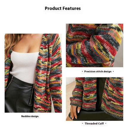 Women's Colorful Clashing Knit Cardigan Long Sleeve Thin Striped Top Cardigan Short Jacket