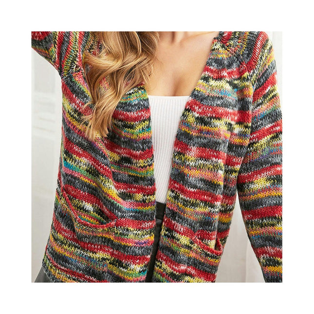 Women's Colorful Clashing Knit Cardigan Long Sleeve Thin Striped Top Cardigan Short Jacket