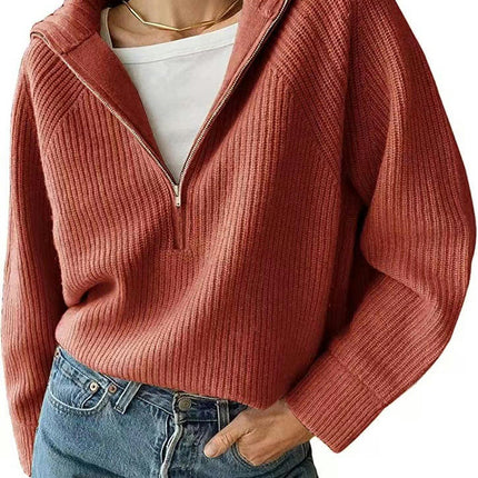 Women's Half-Zip Knitted Long Sleeve Sweater Drop Shoulder Quarter-Zip Lapel Pullover