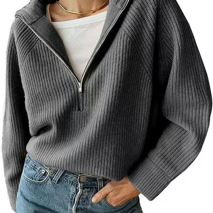 Women's Half-Zip Knitted Long Sleeve Sweater Drop Shoulder Quarter-Zip Lapel Pullover