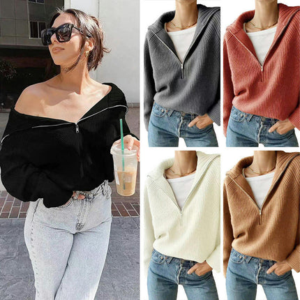 Women's Half-Zip Knitted Long Sleeve Sweater Drop Shoulder Quarter-Zip Lapel Pullover