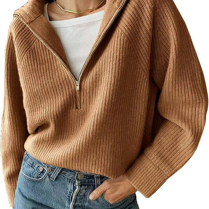 Women's Half-Zip Knitted Long Sleeve Sweater Drop Shoulder Quarter-Zip Lapel Pullover