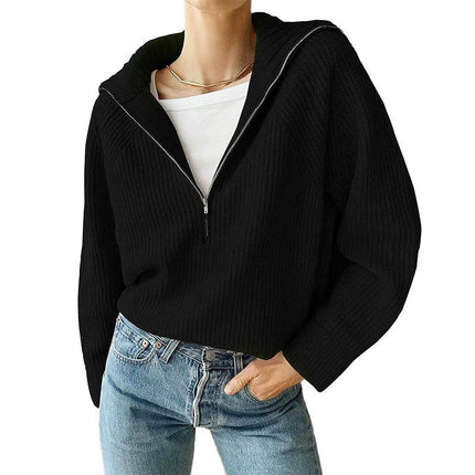 Women's Half-Zip Knitted Long Sleeve Sweater Drop Shoulder Quarter-Zip Lapel Pullover