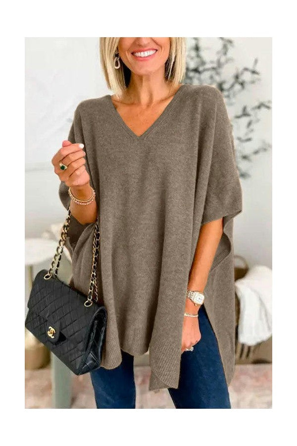 Women's Casual Half Bat Sleeve Loose V Neck Tops Lightweight Knit Pullover Sweater