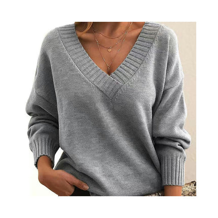 Women's Knit Pullover Top Solid Color Loose V-Neck Casual Versatile Knit Sweater