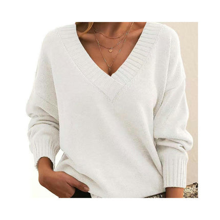 Women's Knit Pullover Top Solid Color Loose V-Neck Casual Versatile Knit Sweater