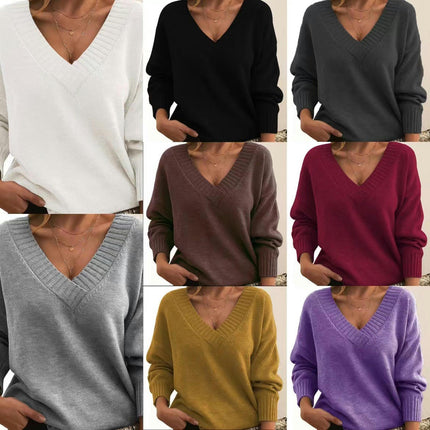 Women's Knit Pullover Top Solid Color Loose V-Neck Casual Versatile Knit Sweater