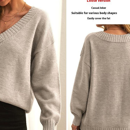 Women's Knit Pullover Top Solid Color Loose V-Neck Casual Versatile Knit Sweater