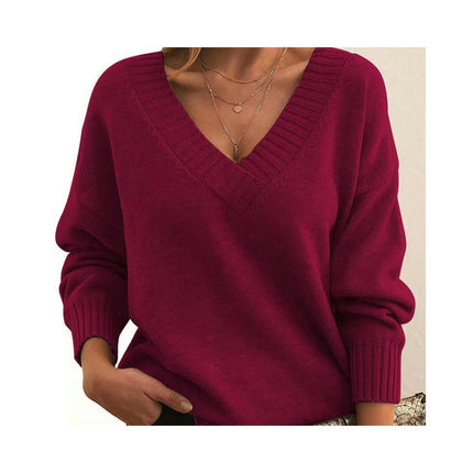 Women's Knit Pullover Top Solid Color Loose V-Neck Casual Versatile Knit Sweater