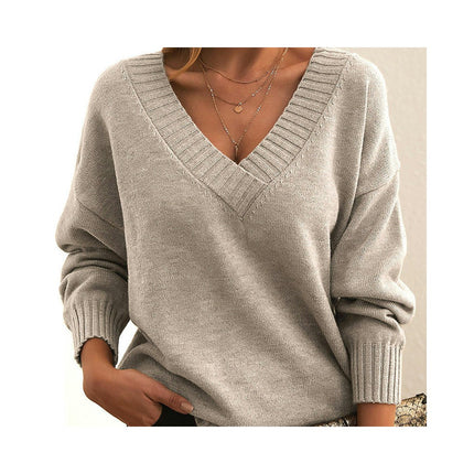 Women's Knit Pullover Top Solid Color Loose V-Neck Casual Versatile Knit Sweater