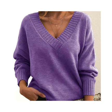 Women's Knit Pullover Top Solid Color Loose V-Neck Casual Versatile Knit Sweater