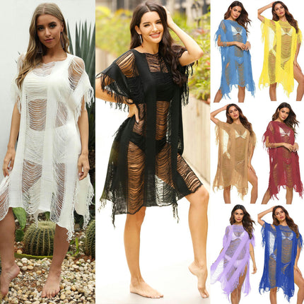 Women Swimsuits Cover Up Crochet Hollow Out Tassel Bathing Suit Coverups Summer Dress