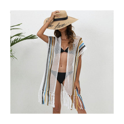 Women Beach Hollow Out Crochet Open Front Bikini Cardigan Cover Ups with Tassels