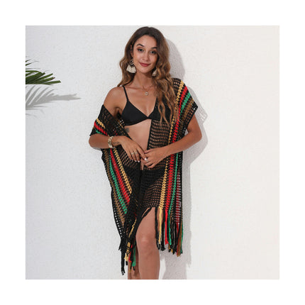 Women Beach Hollow Out Crochet Open Front Bikini Cardigan Cover Ups with Tassels