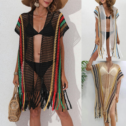 Women Beach Hollow Out Crochet Open Front Bikini Cardigan Cover Ups with Tassels