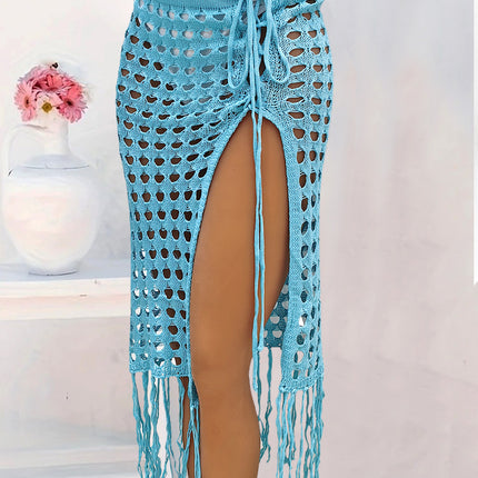 Women Sexy Hollow Out Mesh Tassle Skirts Beach Cover Up Swimsuit Wrap Sarong Swimwear