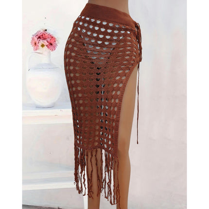 Women Sexy Hollow Out Mesh Tassle Skirts Beach Cover Up Swimsuit Wrap Sarong Swimwear