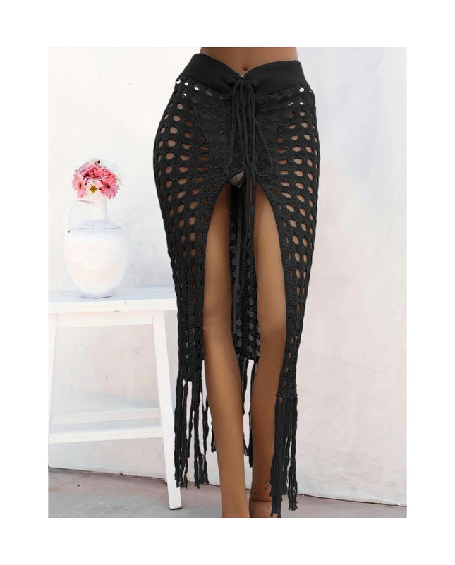 Women Sexy Hollow Out Mesh Tassle Skirts Beach Cover Up Swimsuit Wrap Sarong Swimwear