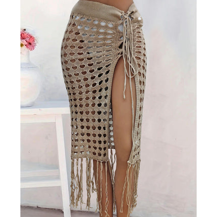 Women Sexy Hollow Out Mesh Tassle Skirts Beach Cover Up Swimsuit Wrap Sarong Swimwear