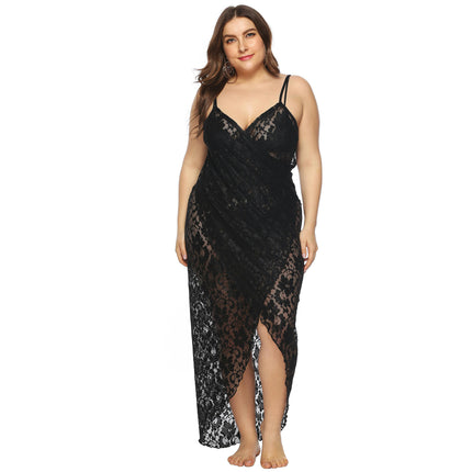 Plus Size Spaghetti Strap Cover Up Beach Backless Wrap Lace Long Dress