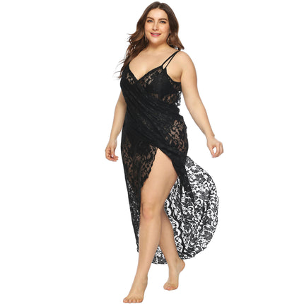 Plus Size Spaghetti Strap Cover Up Beach Backless Wrap Lace Long Dress