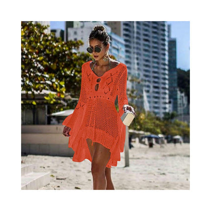 Women's Crochet Cover Up Hollow Out Long Sleeve Bikini Swimsuit Beach Cover Up Dress