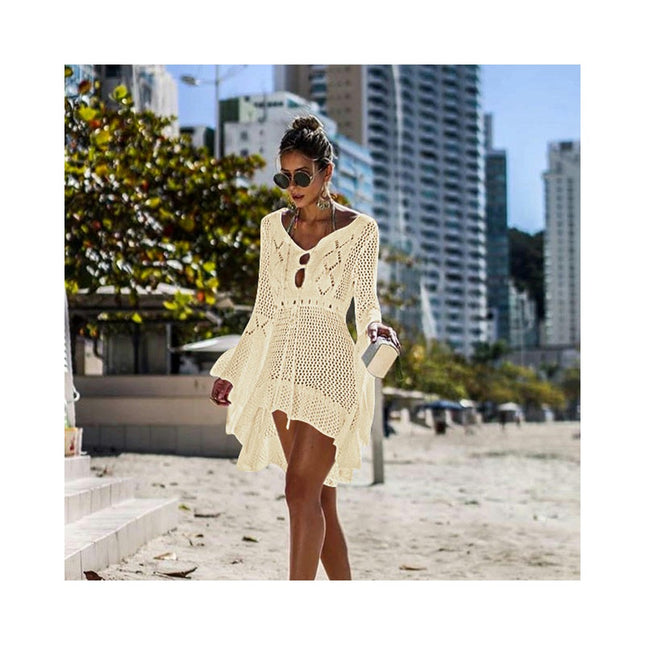 Women's Crochet Cover Up Hollow Out Long Sleeve Bikini Swimsuit Beach Cover Up Dress