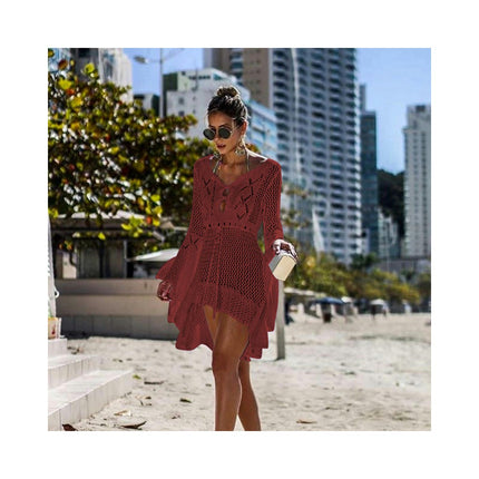 Women's Crochet Cover Up Hollow Out Long Sleeve Bikini Swimsuit Beach Cover Up Dress