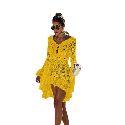 Women's Crochet Cover Up Hollow Out Long Sleeve Bikini Swimsuit Beach Cover Up Dress