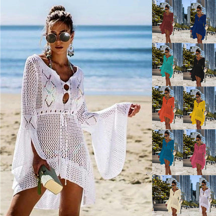 Women's Crochet Cover Up Hollow Out Long Sleeve Bikini Swimsuit Beach Cover Up Dress