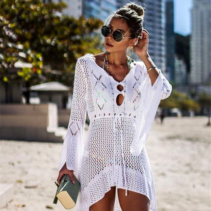 Women's Crochet Cover Up Hollow Out Long Sleeve Bikini Swimsuit Beach Cover Up Dress