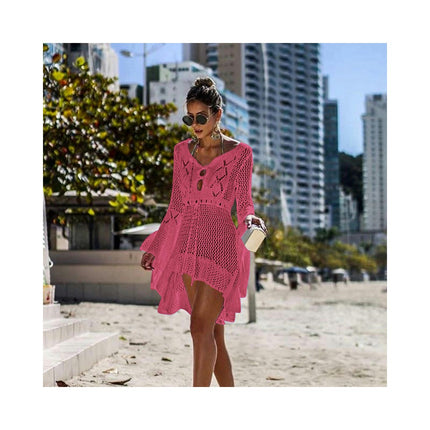 Women's Crochet Cover Up Hollow Out Long Sleeve Bikini Swimsuit Beach Cover Up Dress