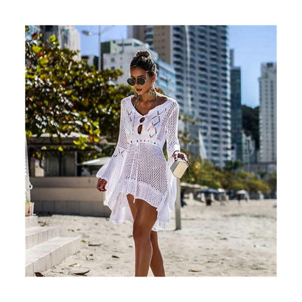 Women's Crochet Cover Up Hollow Out Long Sleeve Bikini Swimsuit Beach Cover Up Dress