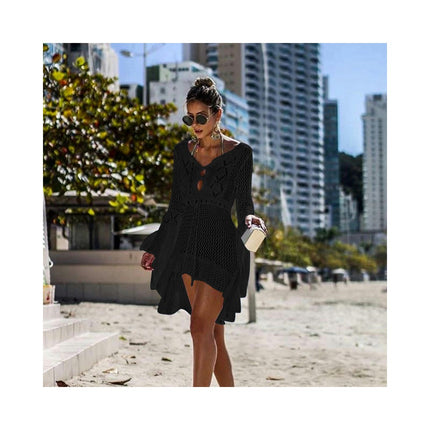 Women's Crochet Cover Up Hollow Out Long Sleeve Bikini Swimsuit Beach Cover Up Dress