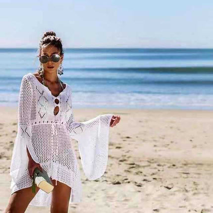 Women's Crochet Cover Up Hollow Out Long Sleeve Bikini Swimsuit Beach Cover Up Dress