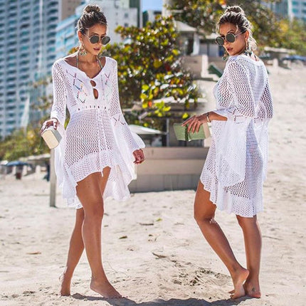 Women's Crochet Cover Up Hollow Out Long Sleeve Bikini Swimsuit Beach Cover Up Dress