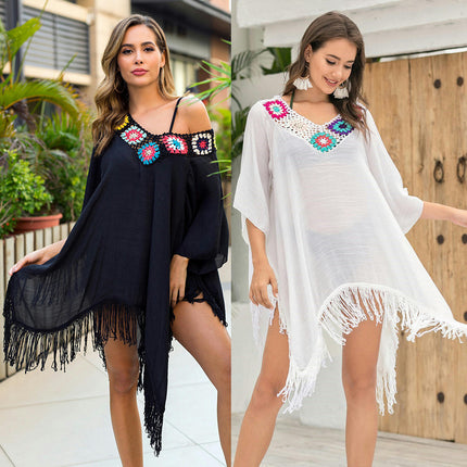 Women's Tassel Hollow Out Crochet Dress Chiffon Beach Dresses Swimsuit Coverups