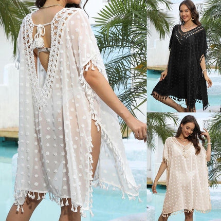 Women's Hollow Out Crochet Dress Tassel Chiffon Beach Dresses Swimsuit Coverups