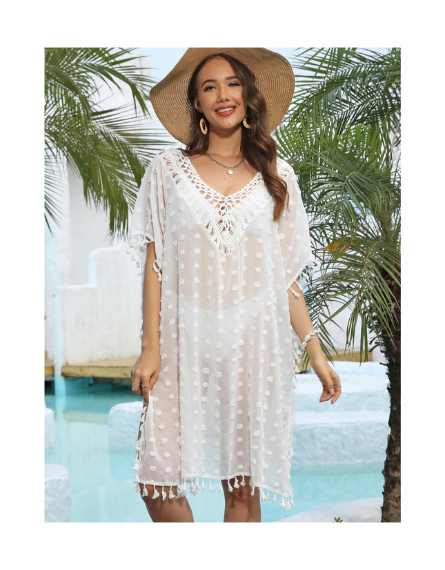 Women's Hollow Out Crochet Dress Tassel Chiffon Beach Dresses Swimsuit Coverups