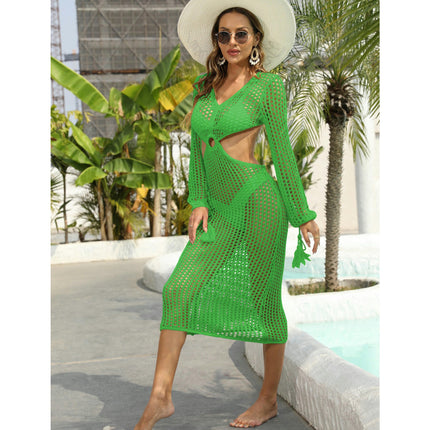 Women's Hollow Out Crochet Beach Long Sleeve Dresses Knit Swimsuit Coverups