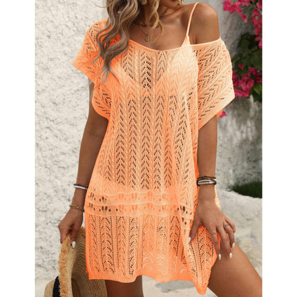 Women Crochet Swimsuit Cover Up Summer Bathing Suit Knit Short Sleeve Dress