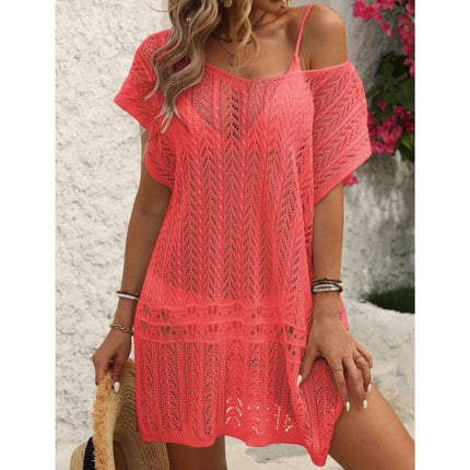 Women Crochet Swimsuit Cover Up Summer Bathing Suit Knit Short Sleeve Dress