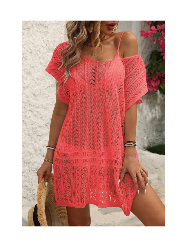 Women Crochet Swimsuit Cover Up Summer Bathing Suit Knit Short Sleeve Dress