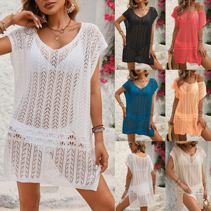 Women Crochet Swimsuit Cover Up Summer Bathing Suit Knit Short Sleeve Dress