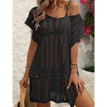 Women Crochet Swimsuit Cover Up Summer Bathing Suit Knit Short Sleeve Dress