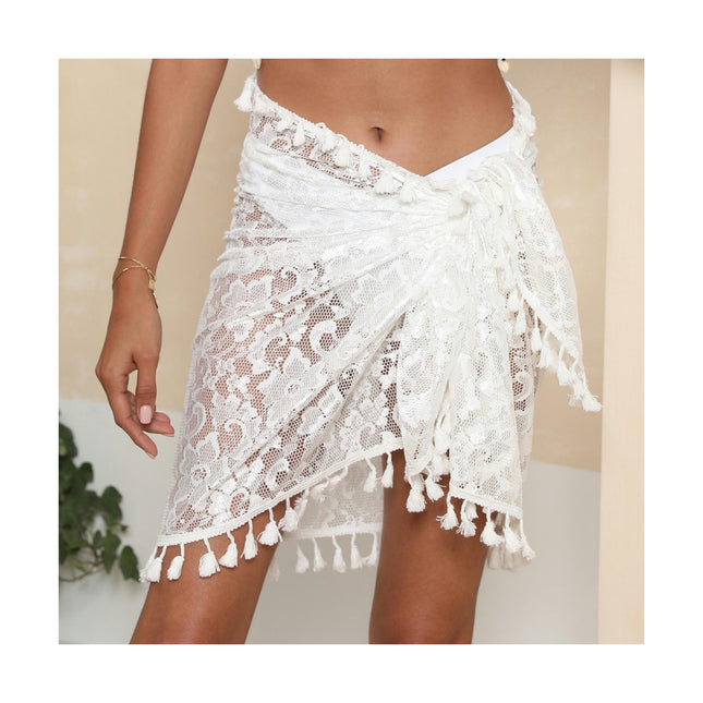 Womens Beach Sarong Pareo Lace Swimwear Tassels Cover Ups Short Skirt