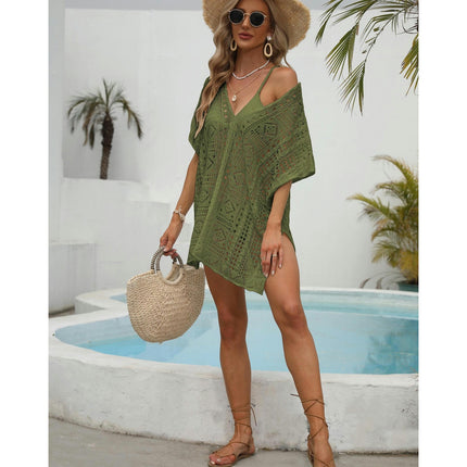 Women's Short Sleeve Crochet Swimsuit Cover Ups Summer Hollow Out Knitted Swimwear Beach Dress